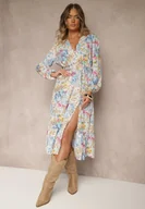 Sukienki - Jasnoniebieska Sukienka w Kwiatowy Print o Rozkloszowanym Kroju z Dekoltem w Serek Janellia - miniaturka - grafika 1