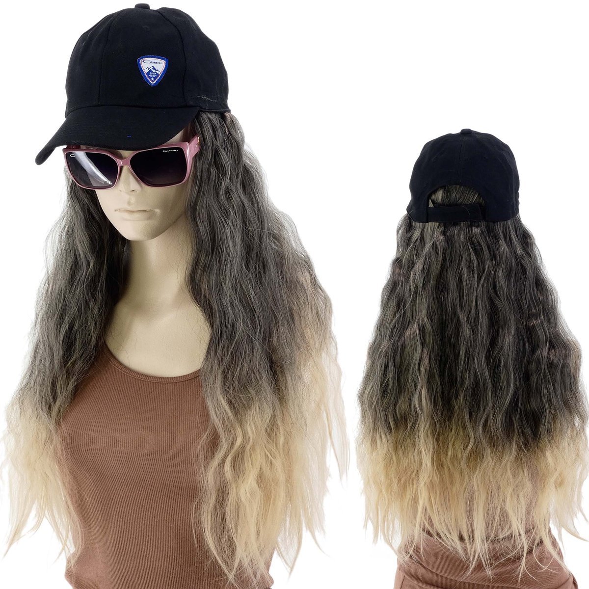 Damska Czapka Z Daszkiem I Peruka Włosy Długość 40cm Szary Z Blondem