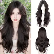Pozostałe akcesoria fryzjerskie - TEMU Elegancka długa falista brązowa i czarna syntetyczna peruka z grzywką - gęstość kręconych kwiatów Cap dla kobiet, naturalny styl na co dzień i - miniaturka - grafika 1