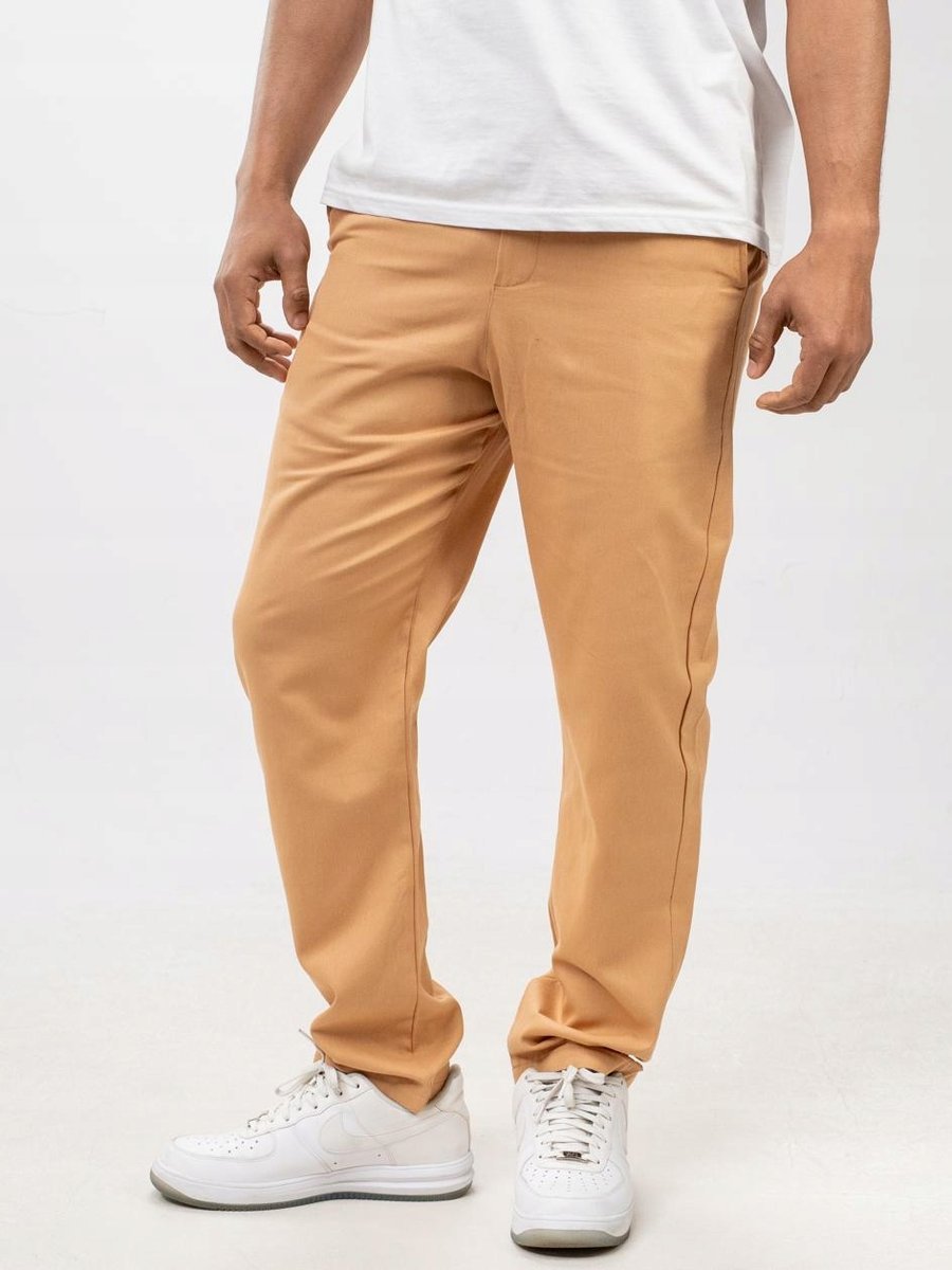 SPODNIE CHINO MATERIAŁOWE MĘSKIE BAWEŁNIANE JASNY BRĄZ HAFTY Jigga Wear L