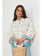 Bluzki damskie - Rodier Lin Lniana bluzka w kolorze biało-turkusowym - miniaturka - grafika 1