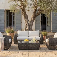 Meble ogrodowe - Zestaw mebli ogrodowych z plecionej żywicy : 2-osobowa Kanapa ogrodowa, 2 fotele i 1 stolik kawowy - Antracytowy z białymi poduszkami - VEYRO od MYLI - miniaturka - grafika 1