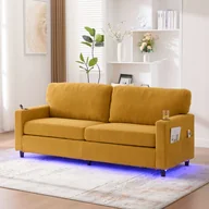 Sofy i kanapy - Nowoczesna sofa 2-osobowa, szenilowa, z USB-C, diodami LED, uchwytami na kubki, musztardowo-żółta - miniaturka - grafika 1