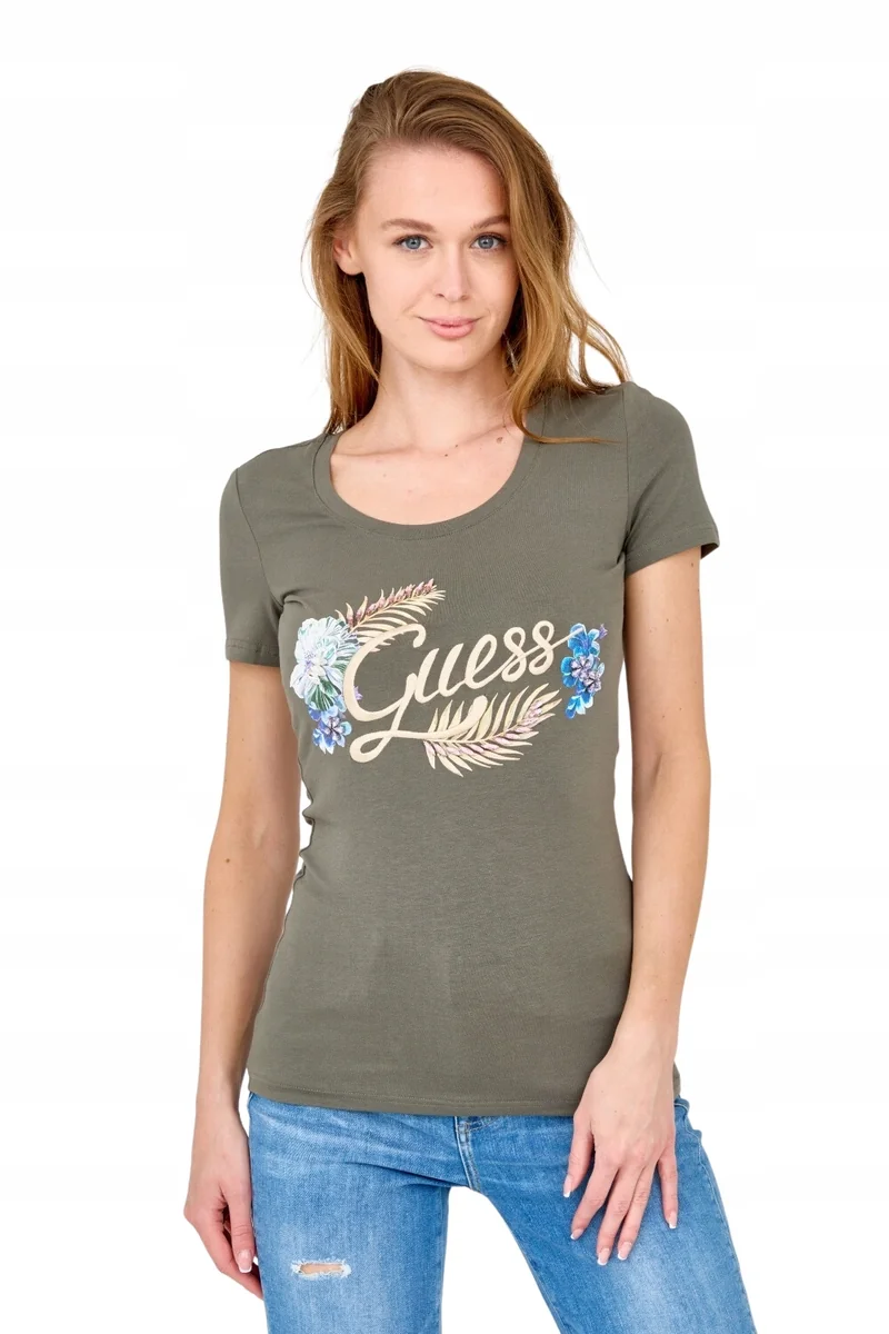 GUESS Damski zielony t-shirt ze zdobionym logo S