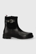 Botki damskie - Tommy Hilfiger botki skórzane BELT BOOTIE MATERIAL MIX damskie kolor czarny na płaskim obcasie FW0FW07477 - miniaturka - grafika 1