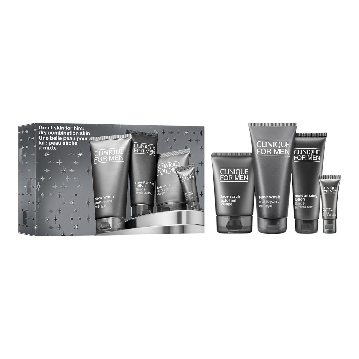 Clinique For Men Great Skin Essentials Zestaw: żel do mycia twarzy + peeling do twarzy + przeciwstarzeniowy krem pod oczy + emulsja nawilżająca do twarzy