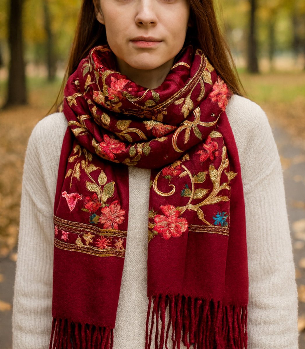 Szal damski folk kwiatowy haftowany