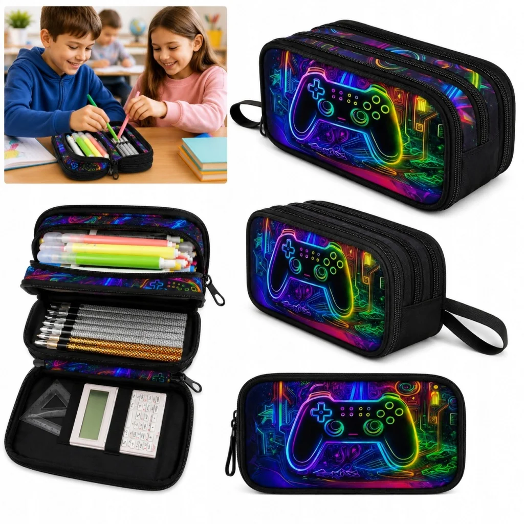 PIÓRNIK SZKOLNY TRZYKOMOROWY DLA CHŁOPCA GAMER GRY PAD POJEMNY KOLOROWY