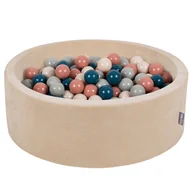 Zabawki do kąpieli - 1178 KiddyMoon Suchy basen okrągły VELVET z piłeczkami 7cm beż piasku: ciemny turkus-pastelowy beż-zielonoszary-łososiowy 90x30cm/200piłek Zabawka b.. - miniaturka - grafika 1