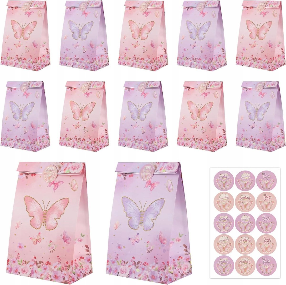ZESTAW 12 WORECZKÓW URODZINOWYCH DO PAKOWANIA PREZENTÓW, UPOMINKÓW MOTYLKI