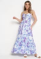 Sukienki - Niebieska Sukienka z Wiskozy i Bawełny Rozkloszowana w Kwiatowy Print z Ozdobnym Wiązaniem Wiama - miniaturka - grafika 1