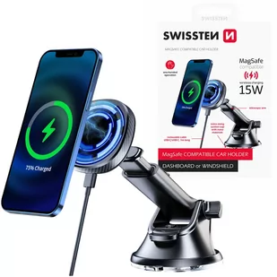 SWISSTEN Uchwyt magnetyczny na przyssawkę z ładowarką bezprzewodową MagSafe 15W - Ładowarki samochodowe - miniaturka - grafika 2