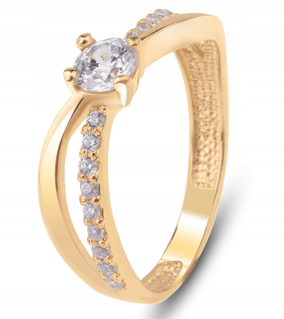 PIĘKNY ZŁOTY PIERŚCIONEK ZARĘCZYNOWY Z BIAŁYMI KAMIENIAMI NASTRO 14KT 585