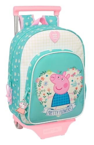 Safta PEPPA PIG PRETTY FLOWERS Plecak dziecięcy z wózkiem 705, idealny dla dzieci w różnym wieku, wygodny i wszechstronny, jakość i wytrzymałość, 26 x 11 x 34 cm, Mięta/pastelowy żółty, M, Casual