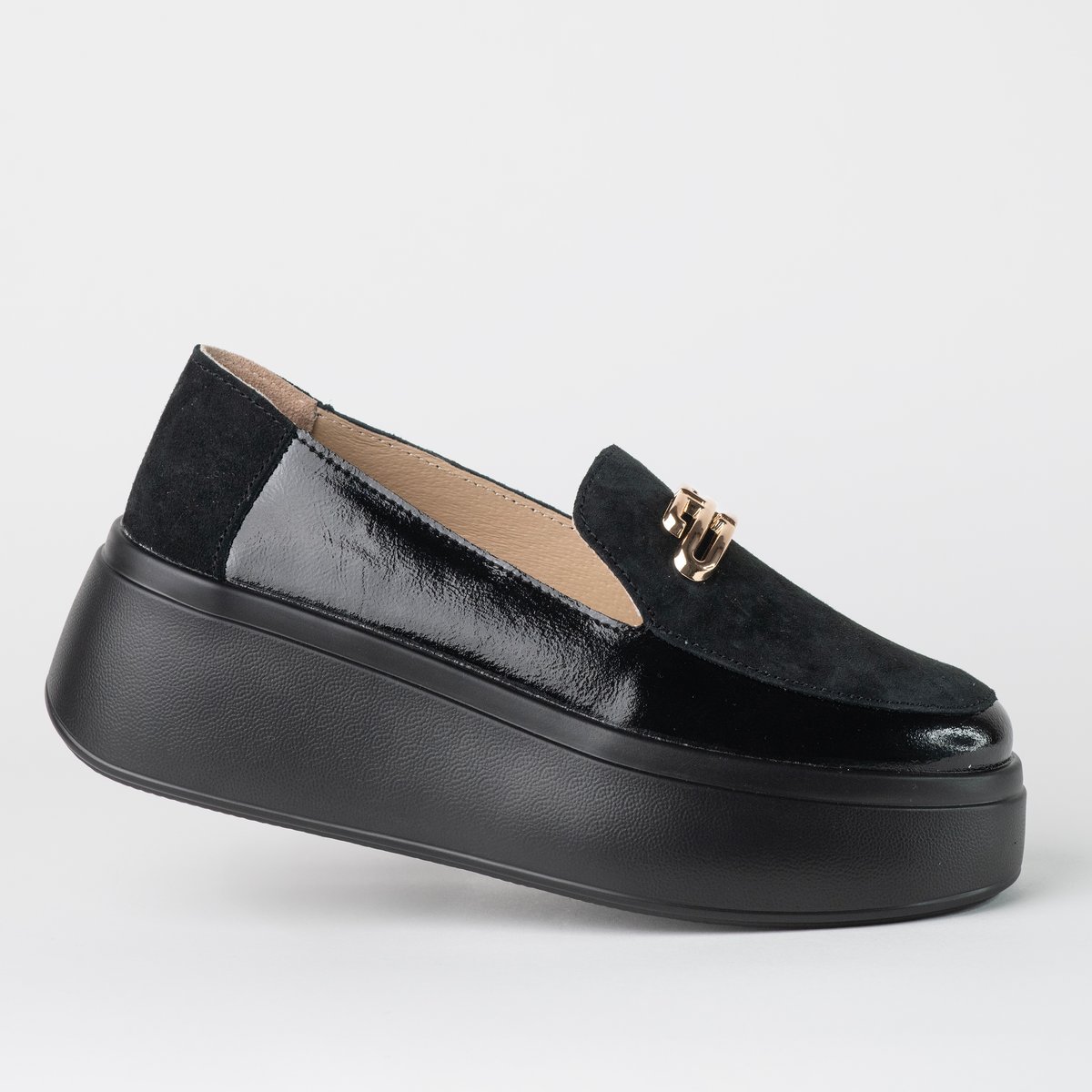 Mokasyny damskie skóra GOODIN GD-LX1073 logo platforma lekkie czarne 41