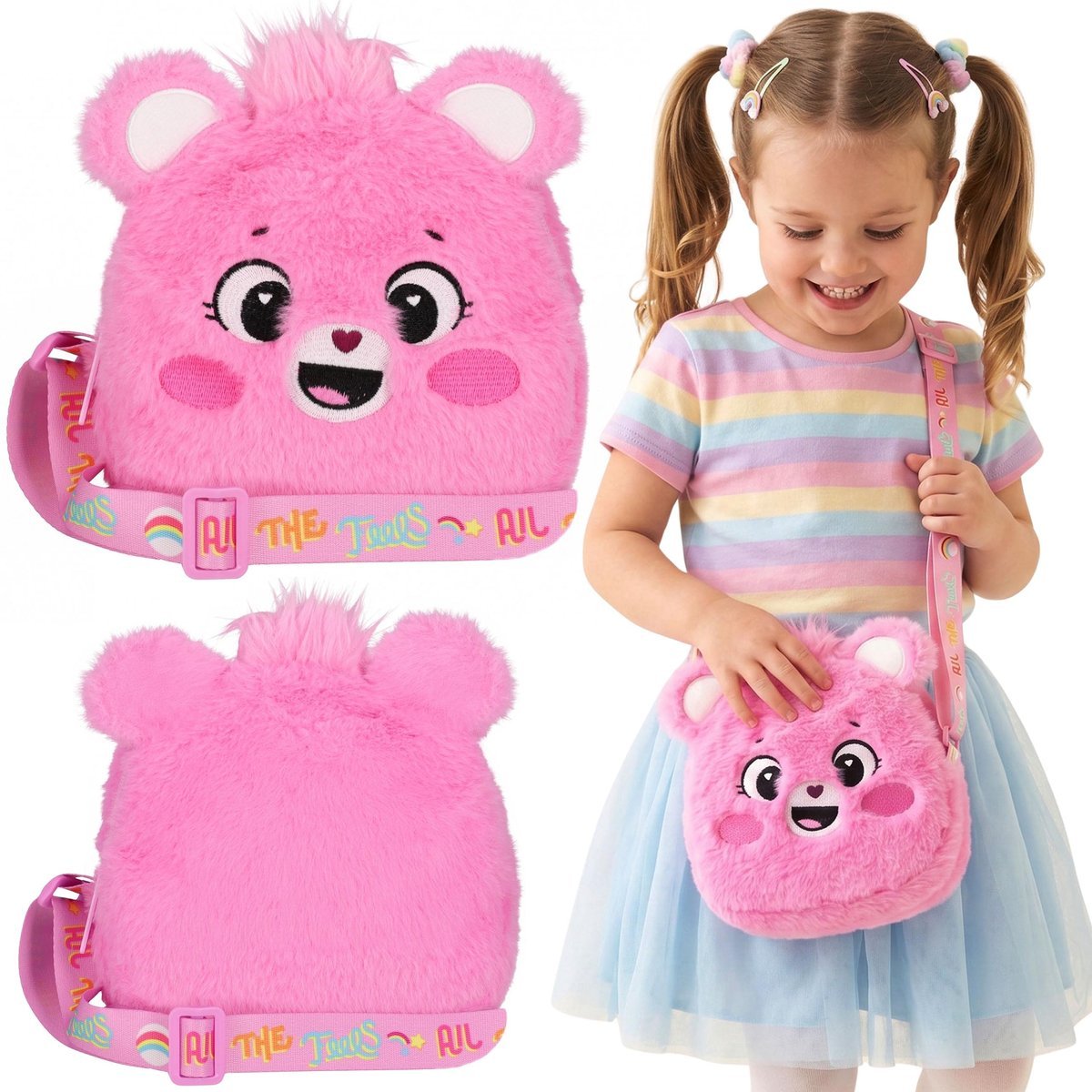 Care Bears Pluszowa TOREBKA na zamek dla dziewczynki, MAŁA torebka NA PASKU, różowa 15x15x4cm