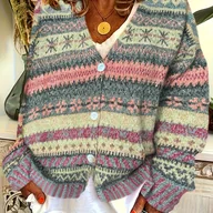 Swetry damskie - TEMU Elegancki, paskowany kardigan damski - luźny, z kolorowymi blokami i wzorami gwiazd, długi rękaw na jesień i zimę, stylowy kardigan Sweter z - miniaturka - grafika 1