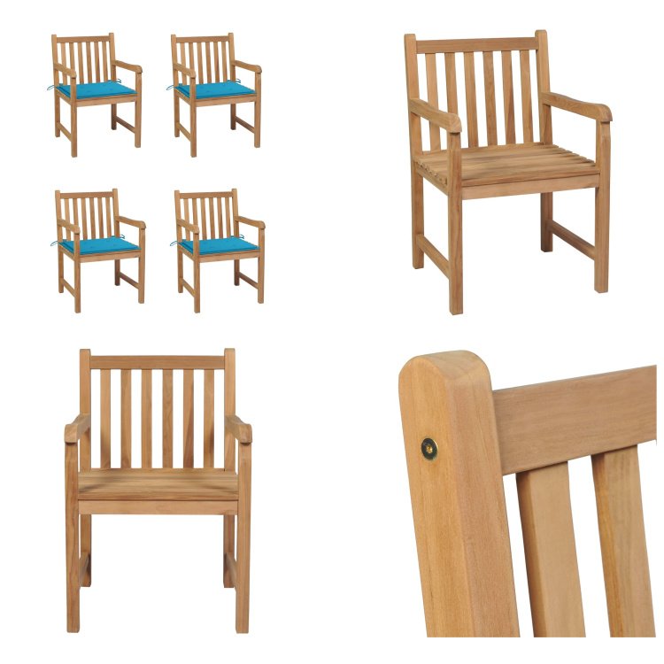 vidaXL Krzesła ogrodowe 4 szt. z niebieskimi poduszkami z litego drewna tekowego - krzesło ogrodowe - krzesła ogrodowe - fotel ogrodowy - krzesło drewniane