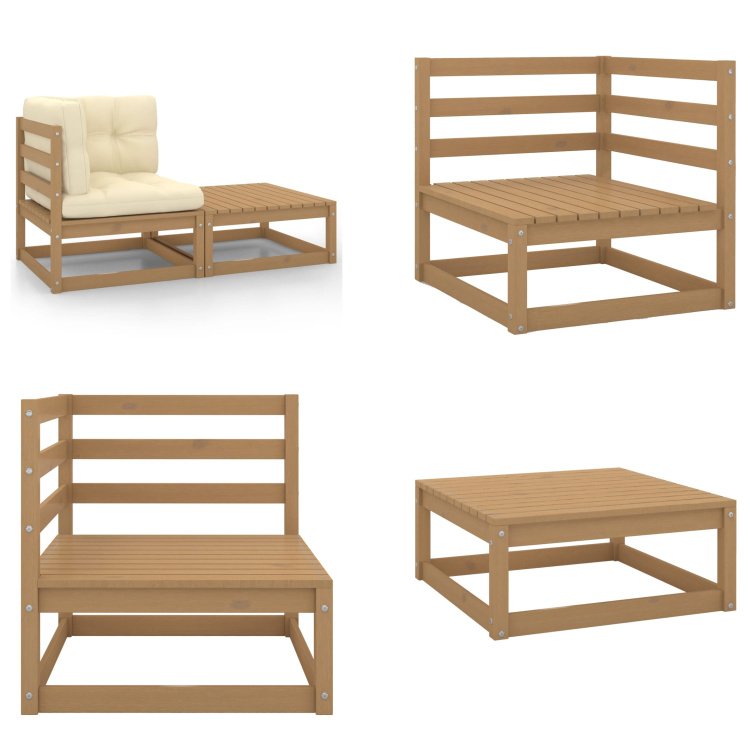 vidaXL 2-częściowy zestaw wypoczynkowy do ogrodu z poduszkami z litej sosny w kolorze miodowego brązu - Zestaw wypoczynkowy do ogrodu - Zestawy wypoczynkowe do ogrodu - Drewniane meble wypoczynkowe - Drewniane meble ogrodowe