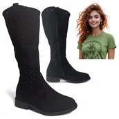 Botki damskie - Kowbojki Damskie Ażurowe Kozaki Zamsz na Jesień Eleganckie Czarne Barski 38 - miniaturka - grafika 1