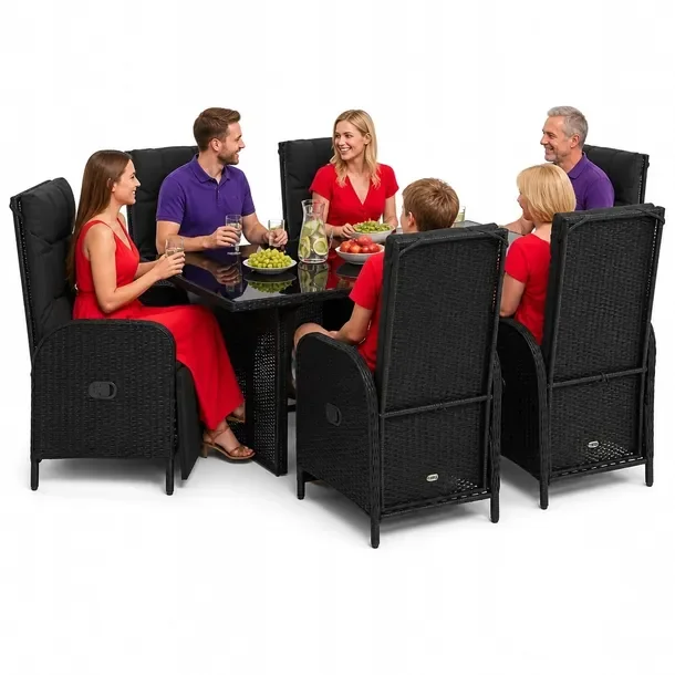 Zestaw mebli ogrodowych czarny rattan PE, stół 190x80x74 cm, krzesła 57x