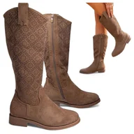 Botki damskie - Damskie Kowbojki Ażurowe Kozaki Zamszowe Jesienne Eleganckie Brąz Barski 37 - miniaturka - grafika 1