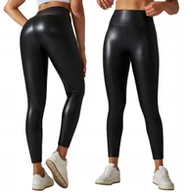 Legginsy - Legginsy MODNE Wysoki Stan MODELUJĄCE EKOSKÓRA Elastyczne PUSHUP CZARNE S - miniaturka - grafika 1
