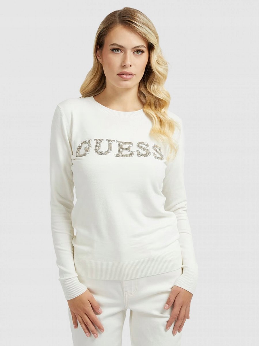 GUESS BIAŁY DOPASOWANY SWETER Z LOGO Z CEKINAMI DŁUGI RĘKAW S 1GŁA