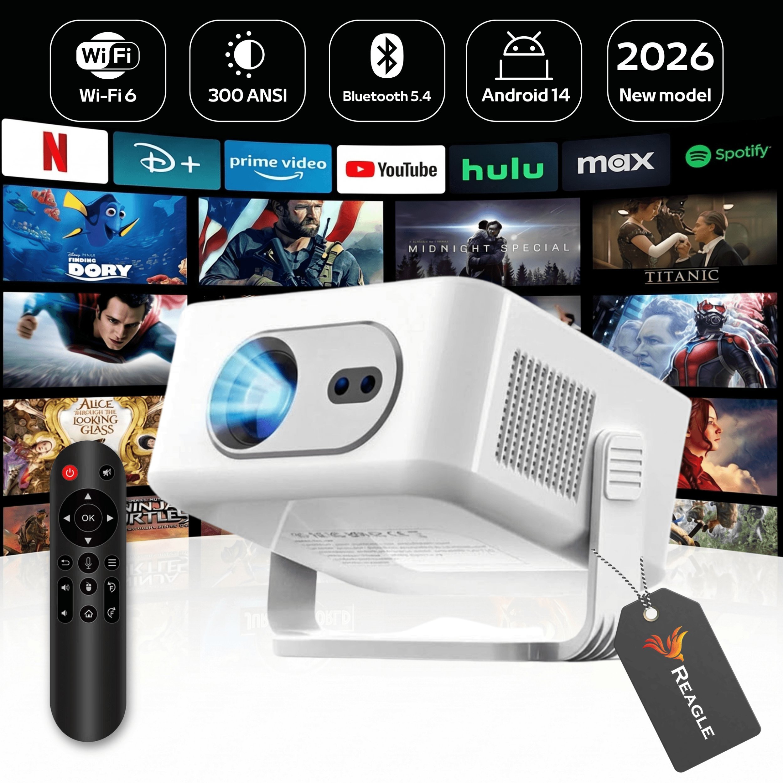 Reagle RZUTNIK PROJEKTOR LED ANDROID 14 MINI PRZENOŚNY 4K SMART TV WIFI 300 ANSI 