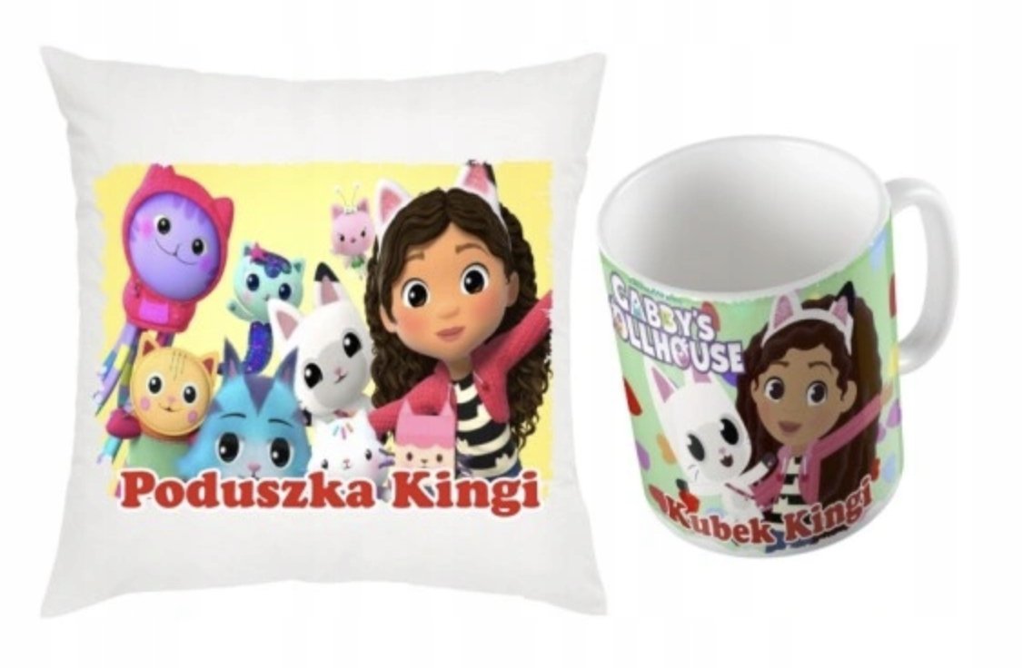 ZESTAW PODUSZKA + KUBEK Prezent KOCI DOMEK GABI KOTEK BAJKA + IMIĘ 23