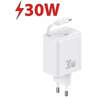 Ładowarki do telefonów - USAMS Ład. siec. 1xUSB-C ze zwijanym kablem USB-C Retractable PD+QC 30W Gan Fast Charging biały/white YC Series CC241TC02 (US-CC241) - miniaturka - grafika 1