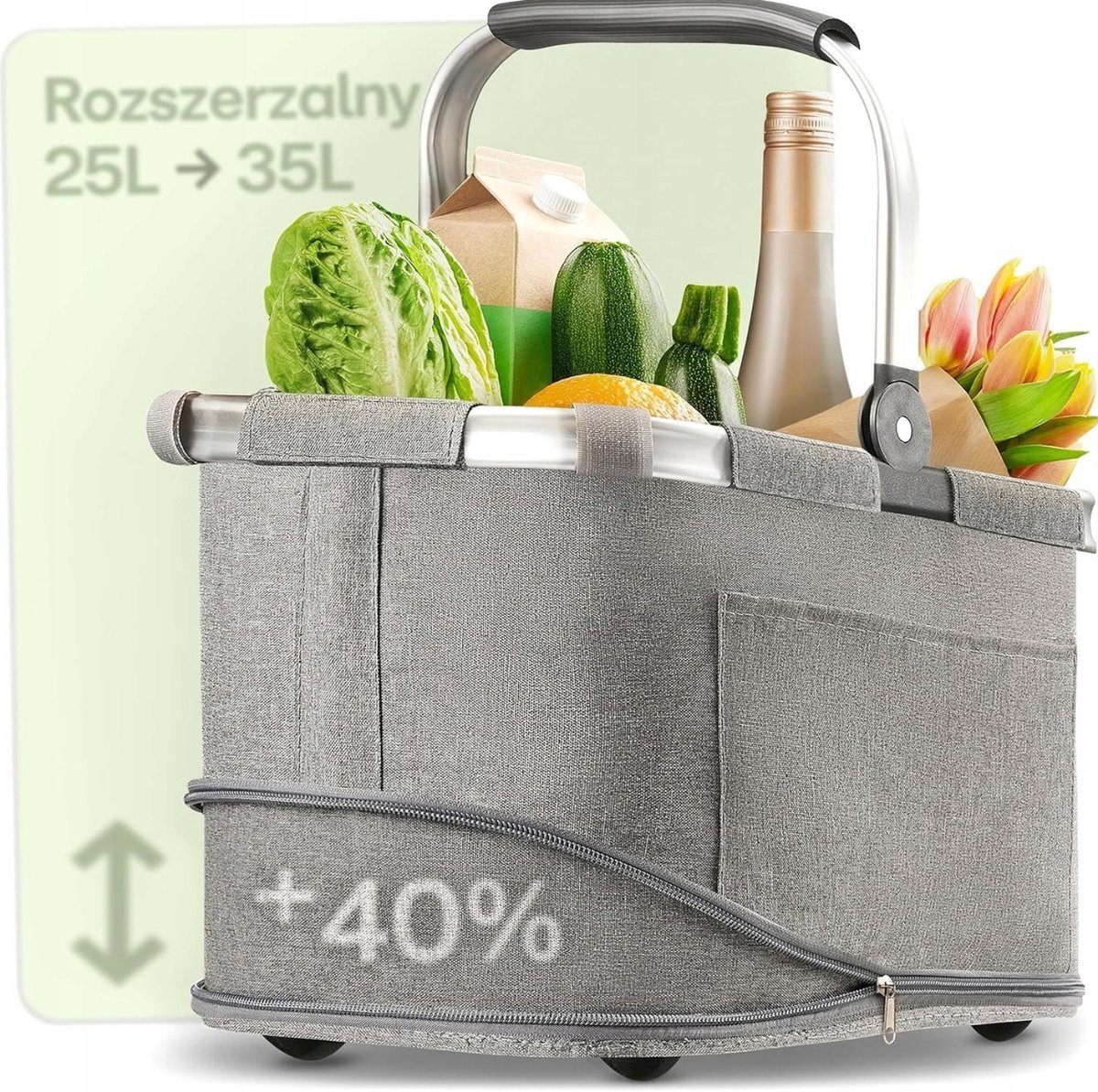 KOSZ SKŁADANY NA ZAKUPY ROZSZERZANY POJEMNY SZARY ELASTYCZNY 35L DUŻY