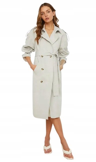 TRENDYOL KLASYCZNY PŁASZCZ DO KOLAN Z PASKIEM I KLAPAMI 32 5_A