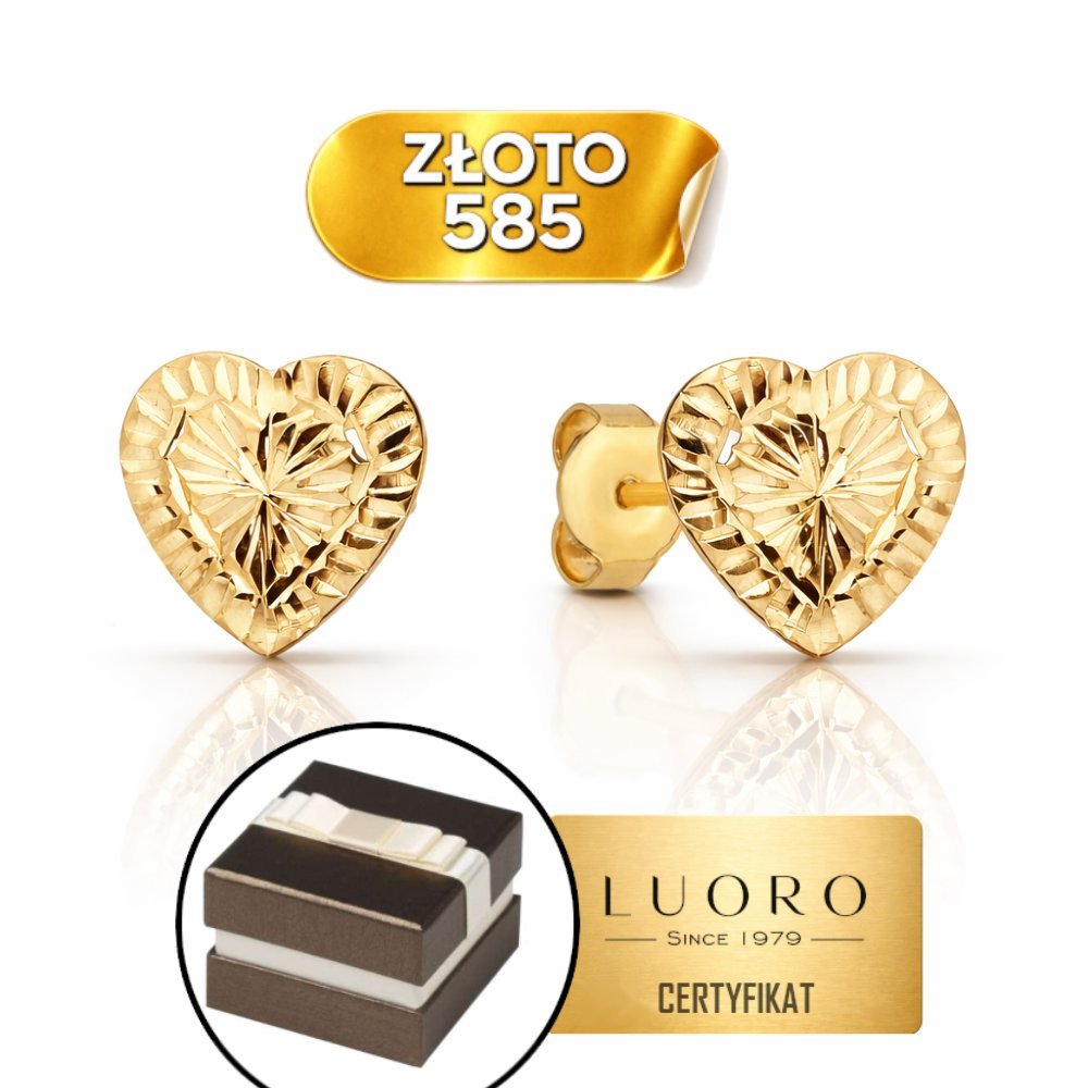 KOLCZYKI ZŁOTE 585 14K DIAMENTOWANE SERCA 8 MM SZTYFT ELEGANCKIE PREZENT