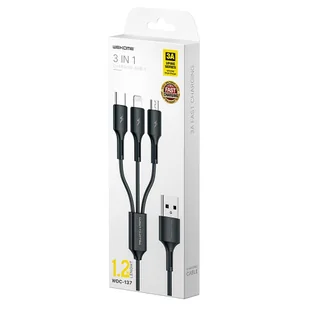WK Design kabel 3w1 do szybkiego ładowania USB - USB Typ C/ Lightning/ micro USB 3A 1,2m czarny (WDC-137th) - Kable USB - miniaturka - grafika 5