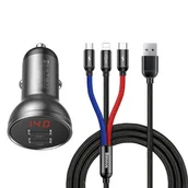 Ładowarki samochodowe - Baseus ładowarka samochodowa 2x USB 4,8A 24W z LCD + kabel 3w1 USB - USB Typ C / micro USB / Lightning 1,2m czarny (TZCCBX-0G) - miniaturka - grafika 1