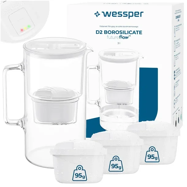 Szklany dzbanek filtrujący Wessper D2 BOROSILICATE 3l futureflow + 4x filtr