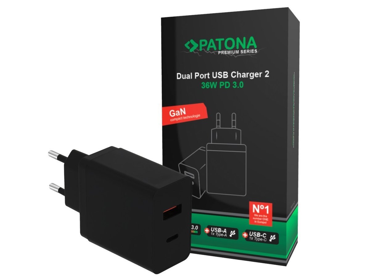 PATONA Premium Ładowarka GaN PD36W 5V/3A 9V/2A 12V/1,5A 1xUSB-C 1xUSB-A PD3.0 QC3.0 czarna
