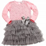 Sukienki - Sukienka KORONKA FALBANKA Tiul RÓŻ SZARA Długi Rękaw 104 - miniaturka - grafika 1