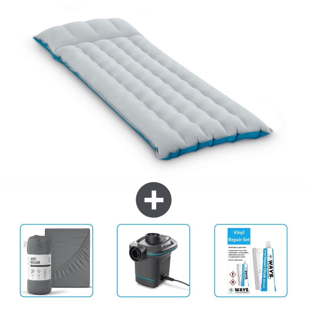 Mata kempingowa Intex - 1 osoba - 67 x 184 x 17 cm - niebieska - zawiera prześcieradło - pompkę i zestaw naprawczy