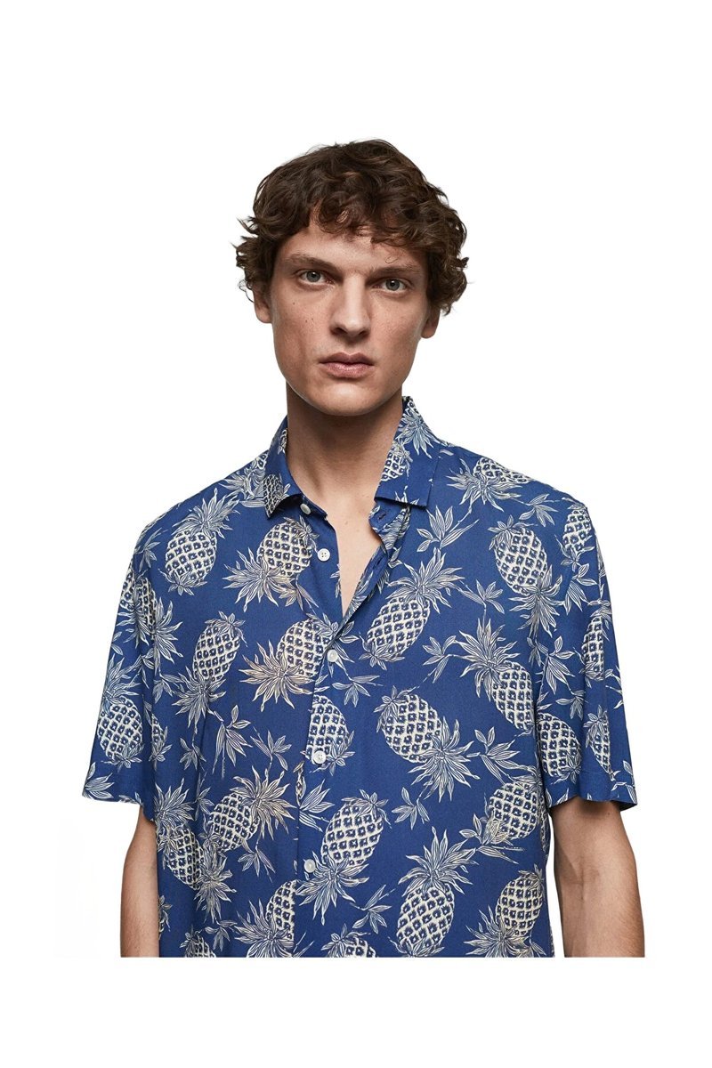 MANGO MAN KOSZULA MĘSKA CASUAL NIEBIESKA WZÓR ANANAS KRÓTKI RĘKAW S 5DA