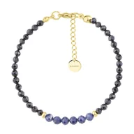 Bransoletki - Czarne kulki turmalinu i niebieskie szafiry damska pozłacana bransoletka - Manoki - miniaturka - grafika 1