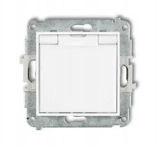 Gniazdo bryzgoszczelne Karlik Icon IGPB-1zp z uziemieniem 2P+Z klapka biała, przesłony torów prądowych białe - Gniazdka elektryczne - miniaturka - grafika 1