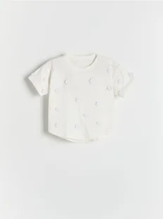 Reserved - T-shirt z kwiatową aplikacją - złamana biel - Bluzki dla niemowląt - miniaturka - grafika 1