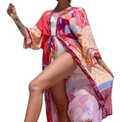 Bluzki damskie - Pareo kolorowe długa narzutka plażowa tunika z paskiem - miniaturka - grafika 1