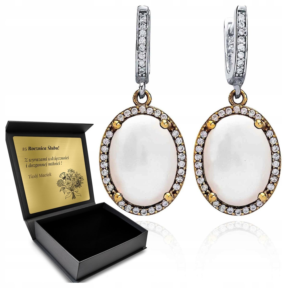 Kolczyki Srebrne 925 Z Cyrkoniami I Perłą Biżuteria Dla Kobiety + Grawer