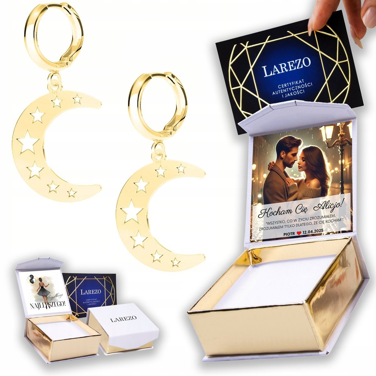 Złote Kolczyki 925 Księżyce Moon Blaszka z Gwiazdkami Gwiazdami NADRUK