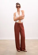 Spodnie damskie - Stradivarius Długie, zwiewne spodnie satynowe Ceglasty XXL - miniaturka - grafika 1