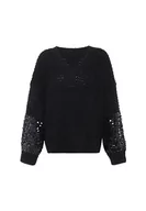 Swetry damskie - faina Damski sweter z dzianiny z dekoltem w serek i cekinowymi rękawami, czarny, rozmiar XL/XXL, czarny, XL - miniaturka - grafika 1