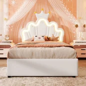 Łóżka dla dzieci i młodzieży - Tapicerowane łóżko dziecięce 90x 200 cm - łóżko z pojemnikiem na pościel - z listwą świetlną LED - regulowany zagłówek - biały - miniaturka - grafika 1